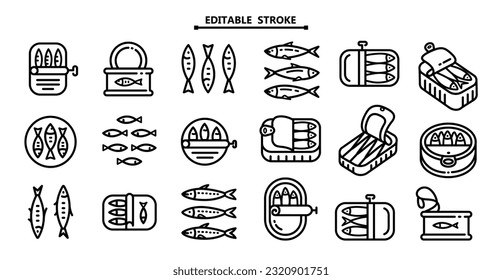 Sardine icons set outline vector. Portugal food icons. Editable stroke. Vector Portuguese national food, seafood product packaging. Canned anchovy in oil, iwashi conserve. Herring in metal package.