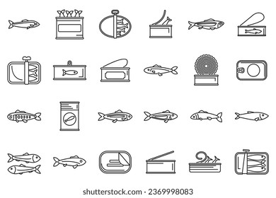 Sardine icons set outline vector. Fish oil. Can snack tin sea