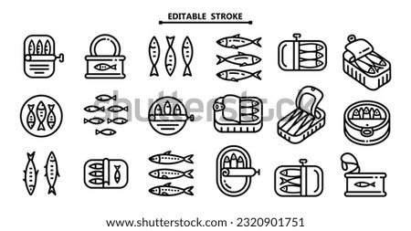 Sardine icons set outline vector. Portugal food icons. Editable stroke. Vector Portuguese national food, seafood product packaging. Canned anchovy in oil, iwashi conserve. Herring in metal package.