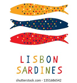 
Sardine motif clipart with Lisbon text.  Grilled fishes symbol for St Antonio traditional portugese food festival. June Portugal party . Atlantic blue ocean animal. Isolated fishing icon lettering