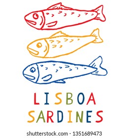 Sardine motif clipart with Lisbon text. Grilled fishes symbol for St Antonio traditional portugese food festival. June Portugal party . Atlantic blue ocean animal. Isolated fishing icon lettering