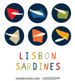 Sardine motif clipart with Lisbon text. Grilled fishes symbol for St Antonio traditional portugese food festival. June Portugal party . Atlantic blue ocean animal. Isolated fishing icon lettering