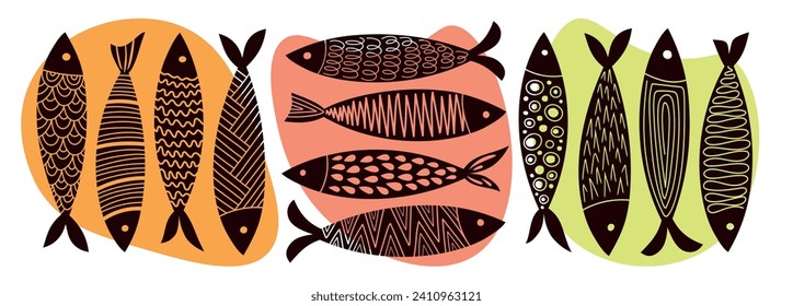 Sardine poster set in warm colors. Vector hand-drawn illustration for icons, print, pattern, cards, clipart