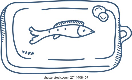 Sardine resting on a rustic cutting board with lemon slice, drawn in loose hand linework. Evokes coastal cuisine, freshness, and dolce vita dining. Cartoon vector illustration.