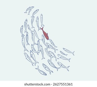  Sardine School vector art, Sardine group in circle hand drawn vector art, Sea fish artwork for t shirt, tote bag, print