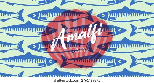 Sardine and shell pattern. Mediterranean fish illustration with Amalfi summer stamp and nautical ornaments. Italian blue and red coastal banner with retro Sardinia food labels and hand drawings.