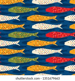 Sardine shoal of fish seamless vector pattern of grilled fishes. Lisbon St Antonio traditional portugese food festival. June Portugal street party. Atlantic ocean animal symbol. Isolated fishing icon