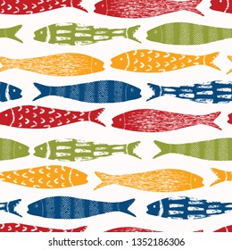 Sardine shoal of fish seamless vector pattern of grilled fishes. Lisbon St Antonio traditional portugese food festival. June Portugal street party. Atlantic ocean animal symbol. Isolated fishing icon