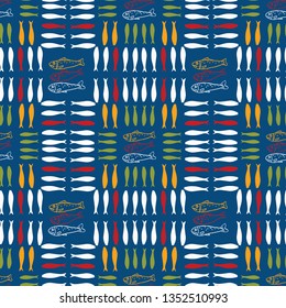 Sardine shoal of fish seamless vector pattern. Lisbon St Antonio traditional portugese food festival grilled fishes. June Portugal street party . Atlantic ocean animal symbol. Isolated fishing tourism