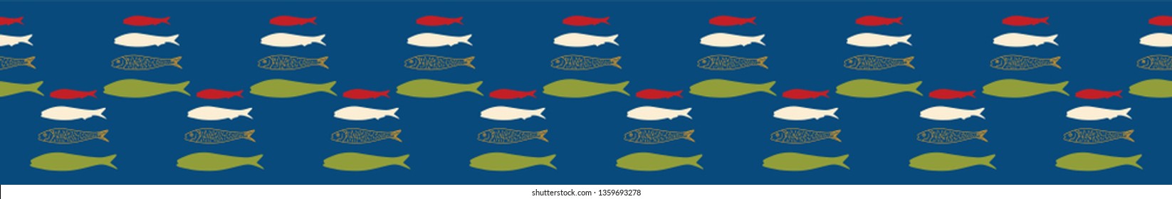 Sardine shoal of fish seamless vector border pattern of grilled fishes. Lisbon St Antonio traditional portugese food festival. June Portugal street party. Atlantic ocean animal ribbon, fishing banner.