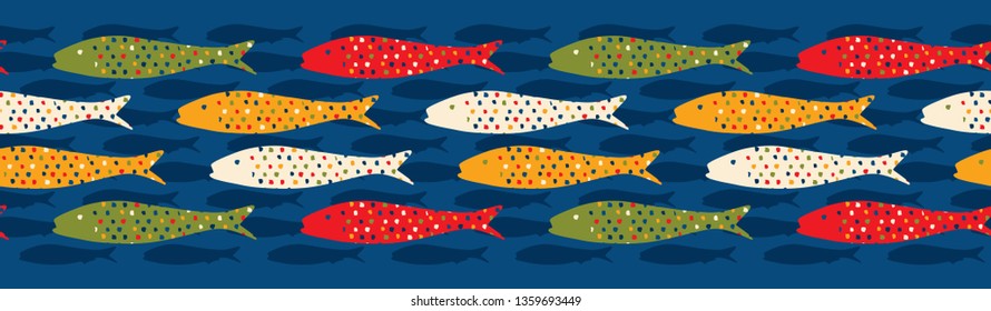 Sardine shoal of fish seamless vector border pattern of grilled fishes. Lisbon St Antonio traditional portugese food festival. June Portugal street party. Atlantic ocean animal ribbon, fishing banner.