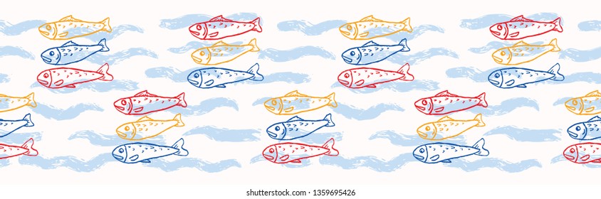  Sardine shoal of fish seamless vector border pattern of grilled fishes. Lisbon St Antonio traditional portugese food festival. June Portugal street party. Atlantic ocean animal ribbon, fishing banner