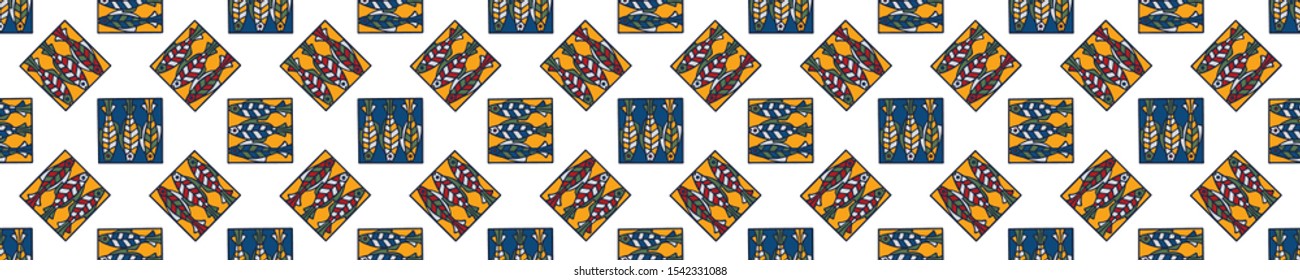 Sardine shoal of fish seamless vector border pattern of grilled fishes. Lisbon St Antonio traditional portugese food festival. June Portugal street party. Atlantic ocean animal ribbon, fishing banner.