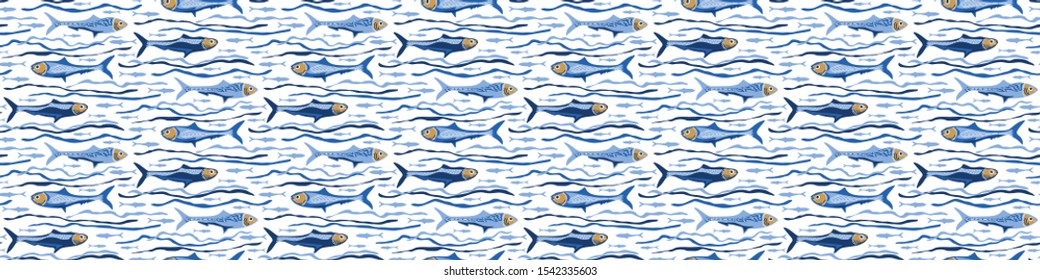 Sardine shoal of fish seamless vector border pattern of grilled fishes. Lisbon St Antonio traditional portugese food festival. June Portugal street party. Atlantic ocean animal ribbon, fishing banner.