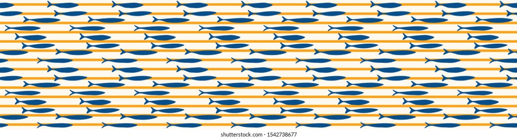 Sardine shoal of fish seamless vector border pattern of grilled fishes. Lisbon St Antonio traditional portugese food festival. June Portugal street party. Atlantic ocean animal ribbon, fishing banner.