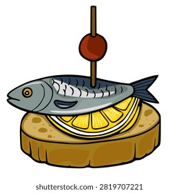 Sardine tapas vector illustration with lemon slice and olive on bread