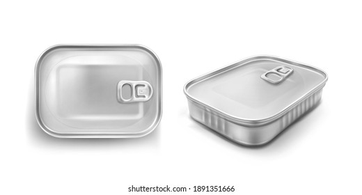 Sardine tin can with pull ring mockup top and angle view. Food metal jar with closed lid, silver colored aluminium rectangle preserves canister isolated on white background, Realistic 3d vector icons