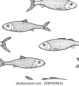 Sardine vector seamless pattern black white. Hand drawn sprat and anchovy repeated texture. Monochrome ocean fish background for packaging, textile, marine decor, and nautical themed designs.