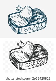 Sardines in a can, fish, seafood, vector illustration set, hand drawn sketch