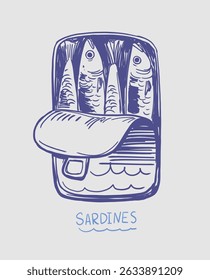 Sardines in a can, fish, seafood, vector illustration set, hand drawn sketch