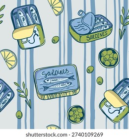 Sardines in a can, fish, seafood, vector illustration, seamless pattern