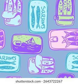 Sardines in a can, seamless pattern, fish, seafood, vector illustration set, hand drawn sketch
