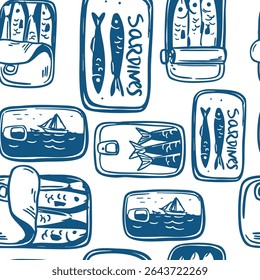 Sardines in a can, seamless pattern, fish, seafood, vector illustration set, hand drawn sketch