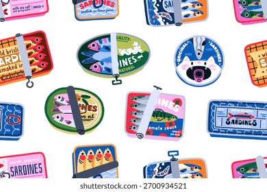 Sardinhas em latas, padrão sem costura, fundo sem fim. Peixe do mar enlatado, frutos do mar italianos, comida do oceano, lanche em embalagens de estanho, repetindo impressão para têxtil, design de embrulho. Ilustração de vetor plano