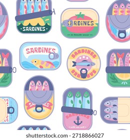 Latas de sardinas sin patrón. El pescado conserva el diseño retro, garabatea la sardina en lata. Comida italiana, mariscos, popular pescado enlatado. Plantilla de impresión, fondo de Vector picante