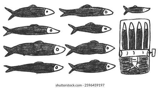 Sardines charcoal doodle set. Canned fish hand drawn scribble. Tinned fishes. Open sardine tin. Vector conserve eat illustration by pencil isolated on white background. Crayon or chalk naive seafood.