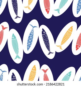 Sardinas. Fondo bonito. Patrón sin foco. Se puede utilizar en la industria textil, el papel, el fondo, la reserva de recortes.