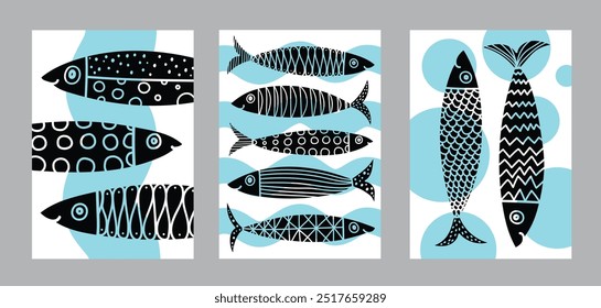 Sardines.  Cute set. Vector illustration. Interior poster