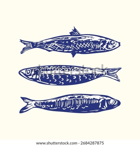 Sardines doodle illustration collection featuring playful fish drawings in a simple vintage style. Great for seafood packaging, menu design, restaurant branding, fishing artwork, and culinary projects