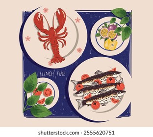 Sardines fish artwork. Lobster design. Fish vintage artwork. Lobster fish artwork for t shirt print, poster, sticker and other uses. Seafood t shirt design. Lemon tomato with passion fruit artwork.