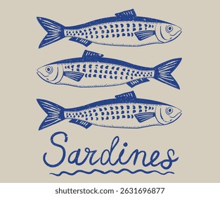 Sardines fish artwork. Seafood artwork. Sardines love club. 