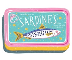 Sardines fish artwork for t shirt print, poster, sticker and other uses. Canned fish artwork.