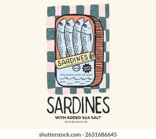 Sardines fish artwork for t shirt print, poster, sticker and other uses. Seafood t shirt design. Sardines love club. In pure olive and lemon. Canned fish artwork.