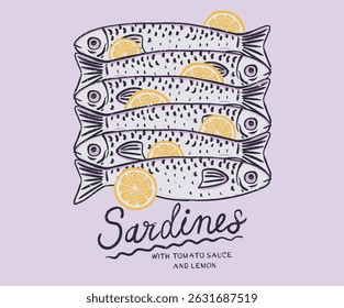 Sardines fish artwork for t shirt print, poster, sticker and other uses. Canned fish artwork.  Lemon with fish.