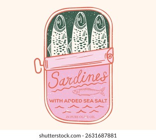 Sardines fish artwork for t shirt print, poster, sticker and other uses. Dinner party. Seafood t shirt design. Sardines love club. Canned fish artwork. 