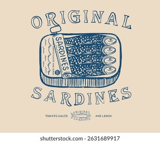 Sardines fish artwork for t shirt print, poster, sticker and other uses. Canned fish artwork.
