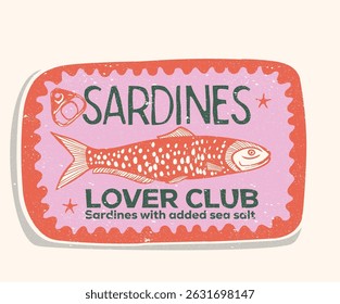 Sardines fish artwork for t shirt print, poster, sticker and other uses. Seafood t shirt design. Sardines love club. Fish in canned. 
