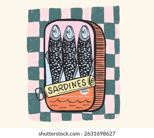 Sardines fish artwork for t shirt print, poster, sticker and other uses. Seafood t shirt design.  Fish in canned. 