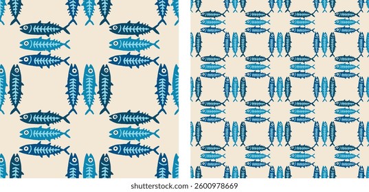 Sardines Fish Cute Blue Seamless Pattern Vector Illustration