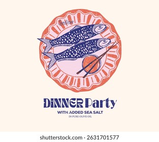 Sardinen Fischplatte. Fisch in Dosen. Sardines Fisch Kunstwerk für T-Shirt Druck, Poster, Aufkleber und andere Verwendungen. Design von Meeresfrüchten und Hemden. 