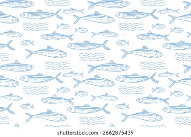 Sardines, fish, seafood, seamless pattern vector illustration, hand drawn sketch