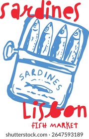 Sardines Graphic Design, Fish Market Vector Illustratıon, tin box seafood fish vector sardines with abstract brush slogan -Vector