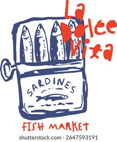 Sardines Graphic Design, Fish Market Vector Illustratıon, tin box seafood fish vector sardines with abstract brush slogan -Vector