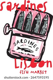 Sardines Graphic Design, Fish Market Vector Illustratıon, tin box seafood fish vector sardines with abstract brush slogan -Vector