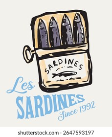 Sardines Graphic Design, Fish Market Vector Illustratıon, tin box seafood fish vector sardines with abstract brush slogan -Vector