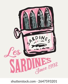 Sardines Graphic Design, Fish Market Vector Illustratıon, tin box seafood fish vector sardines with abstract brush slogan -Vector